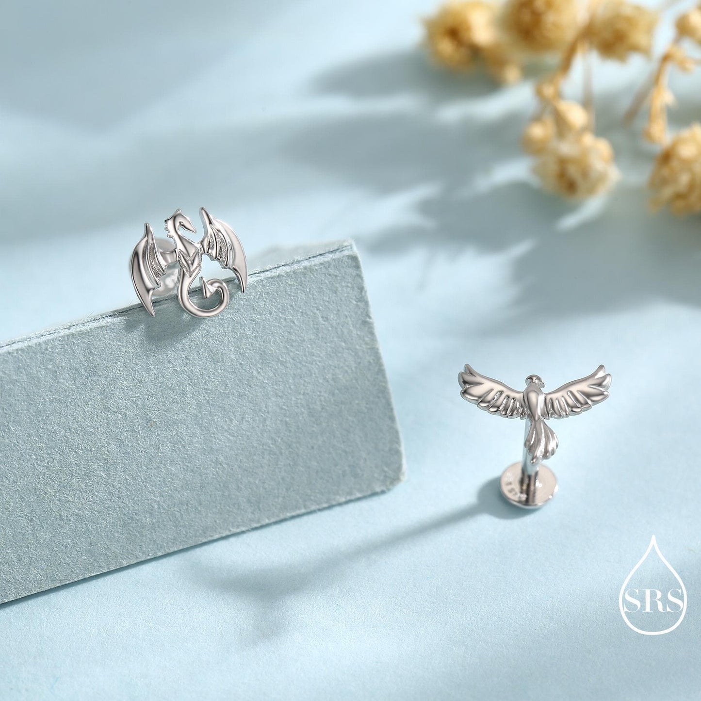 Mismatched Dragon and Phoenix Internally Threaded Flat Back /Stud Earrings in Sterling Silver, Silver, Gold, Rose Gold, Asymmetric Earrings