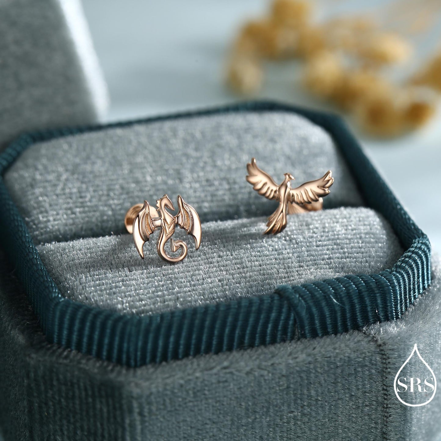 Mismatched Dragon and Phoenix Internally Threaded Flat Back /Stud Earrings in Sterling Silver, Silver, Gold, Rose Gold, Asymmetric Earrings