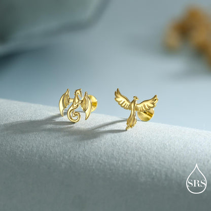 Mismatched Dragon and Phoenix Internally Threaded Flat Back /Stud Earrings in Sterling Silver, Silver, Gold, Rose Gold, Asymmetric Earrings