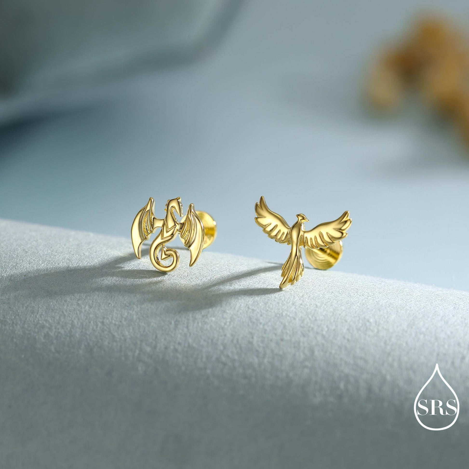 Mismatched Dragon and Phoenix Screw Back /Internally Threaded Flat Back /Stud Earrings in Sterling Silver, Silver, Gold, Rose Gold