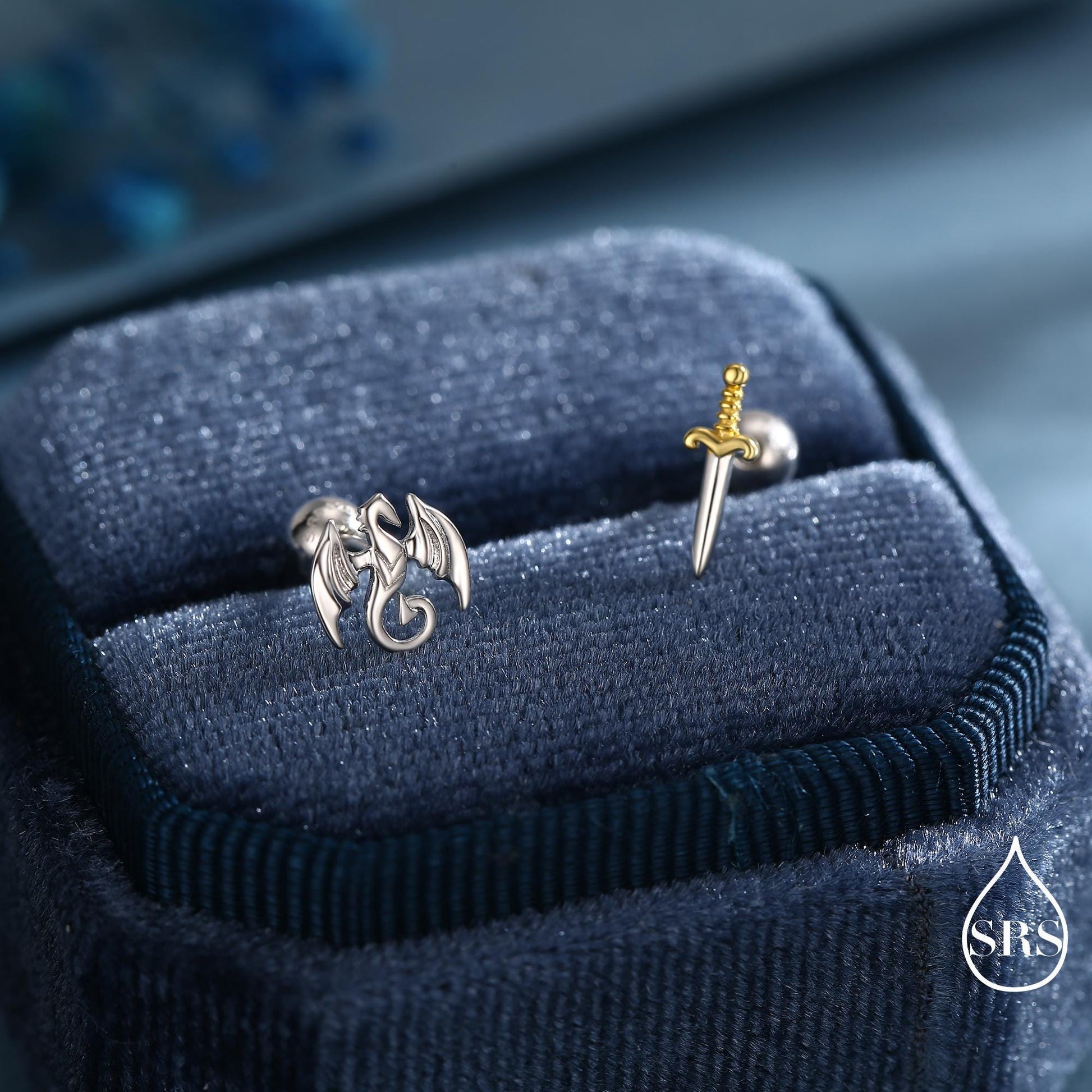 Mismatched Dragon and Sword Internally Threaded Flat Back / Screw Back /Stud Earrings in Sterling Silver, Asymmetric Dragon Earrings