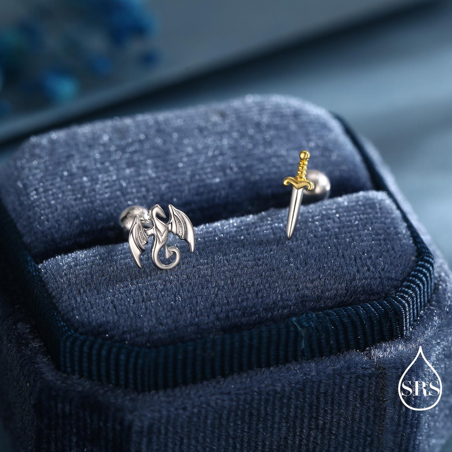 Mismatched Dragon and Sword Screw Back / Stud Earrings in Sterling Silver, Asymmetric Dragon Earrings