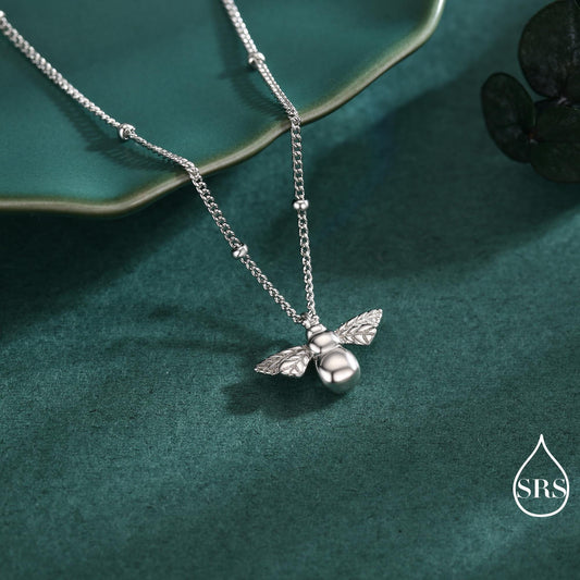 Tiny Bumble Bee Pendant Necklace in Sterling Silver, Silver or Gold, Beaded Chain, Satellite Chain, Nature Inspired Animal Jewellery