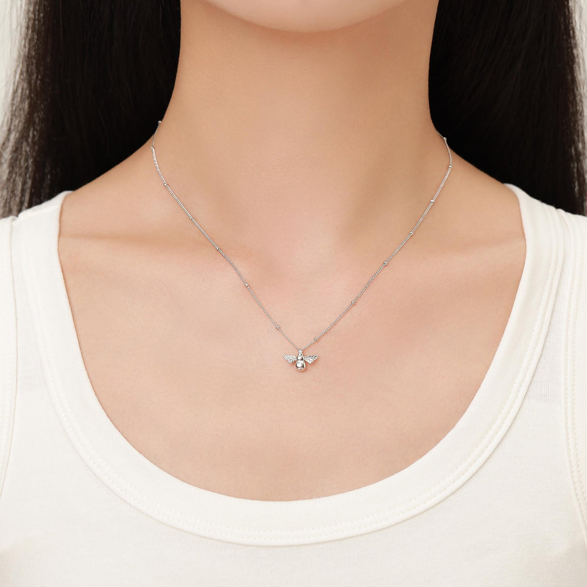 Tiny Bumble Bee Pendant Necklace in Sterling Silver, Silver or Gold, Beaded Chain, Satellite Chain, Nature Inspired Animal Jewellery