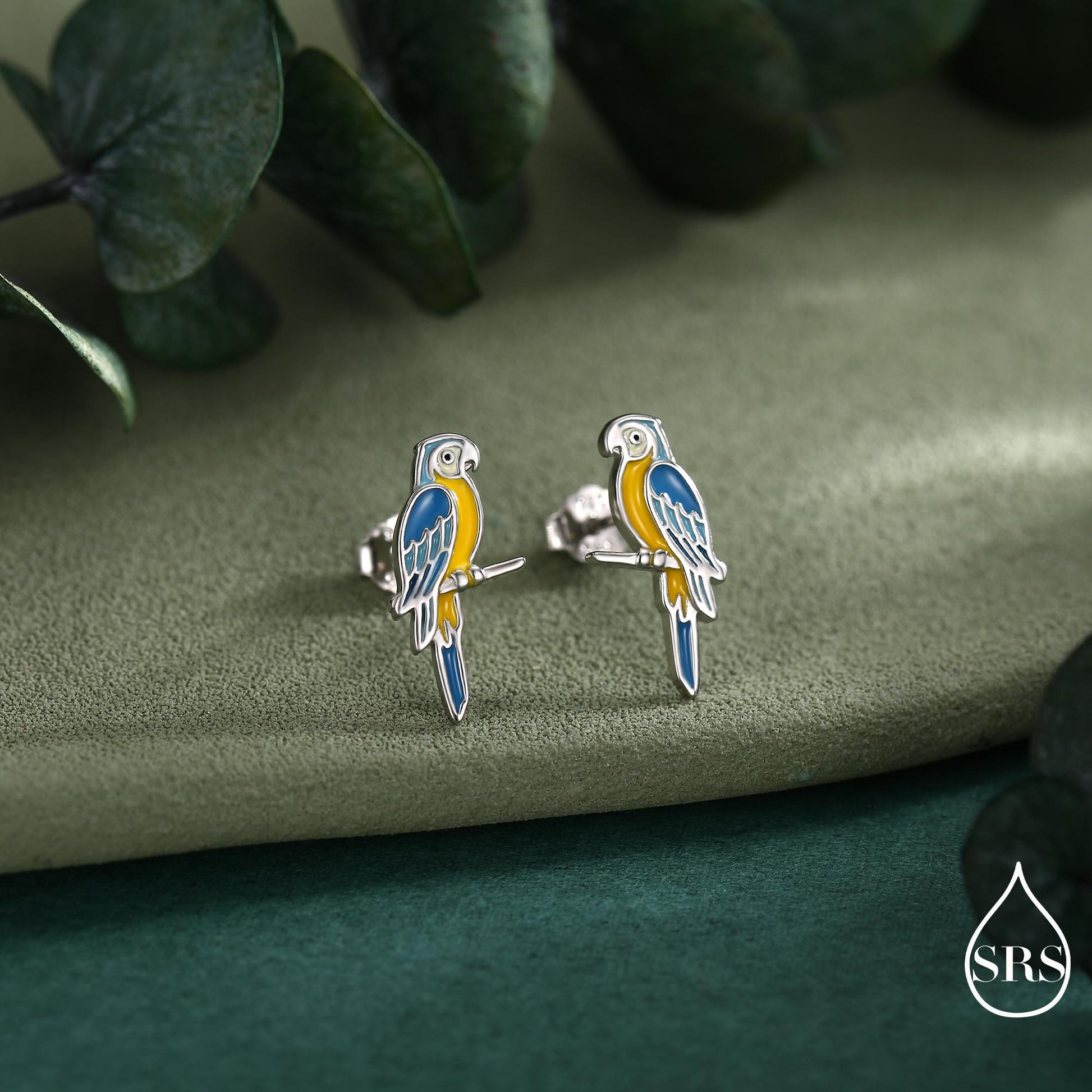 Blue-and-yellow Macaw Parrot Bird Stud Earrings in Sterling Silver, Silver or Gold, British Bird Earrings, Nature Inspired Animal Earrings