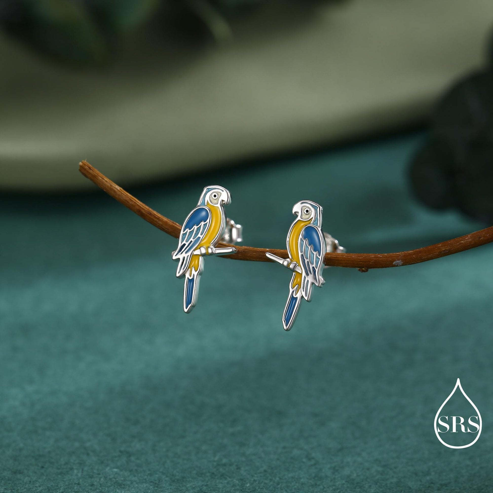 Blue-and-yellow Macaw Parrot Bird Stud Earrings in Sterling Silver, Silver or Gold, British Bird Earrings, Nature Inspired Animal Earrings