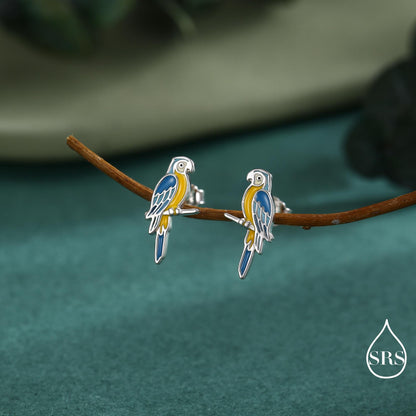 Blue-and-yellow Macaw Parrot Bird Stud Earrings in Sterling Silver, Silver or Gold, British Bird Earrings, Nature Inspired Animal Earrings