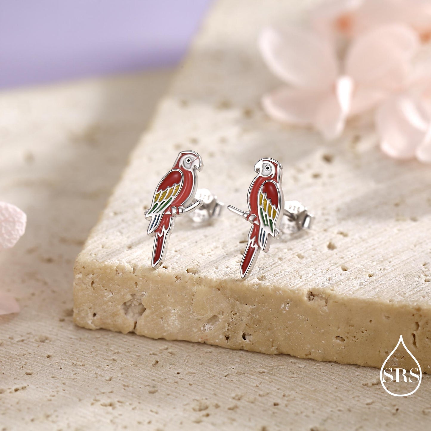 Scarlet Macaw Parrot Bird Stud Earrings in Sterling Silver, Silver or Gold, Bird Earrings, Nature Inspired Animal Earrings
