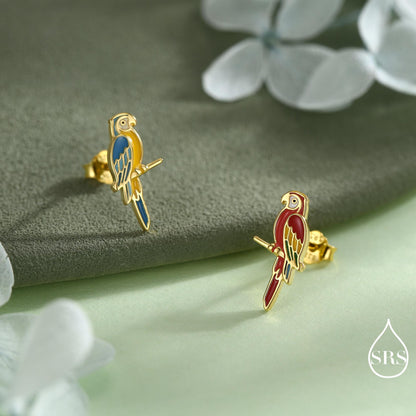 Mismatched Macaw Parrot Bird Stud Earrings in Sterling Silver, Silver or Gold, Asymmetric Bird Earrings, Nature Inspired Animal Earrings