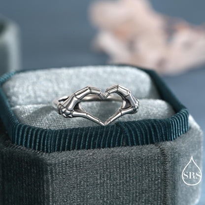 Skeleton Hands Heart Sterling Silver Ring – Gothic Love Collection - Adjustable Size