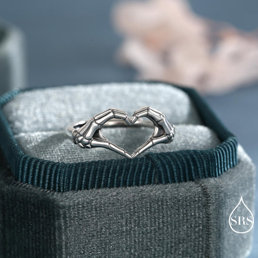 Skeleton Hands Heart Sterling Silver Ring – Gothic Love Collection - Adjustable Size