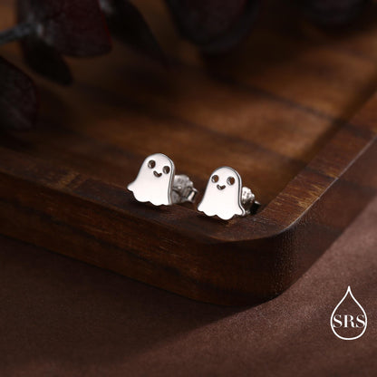 Tiny Little Cute Ghost Internally Threaded Flat Back Earrings in Sterling Silver, Silver, Gold or Rose Gold, Tiny Ghost Screw Back Earrings