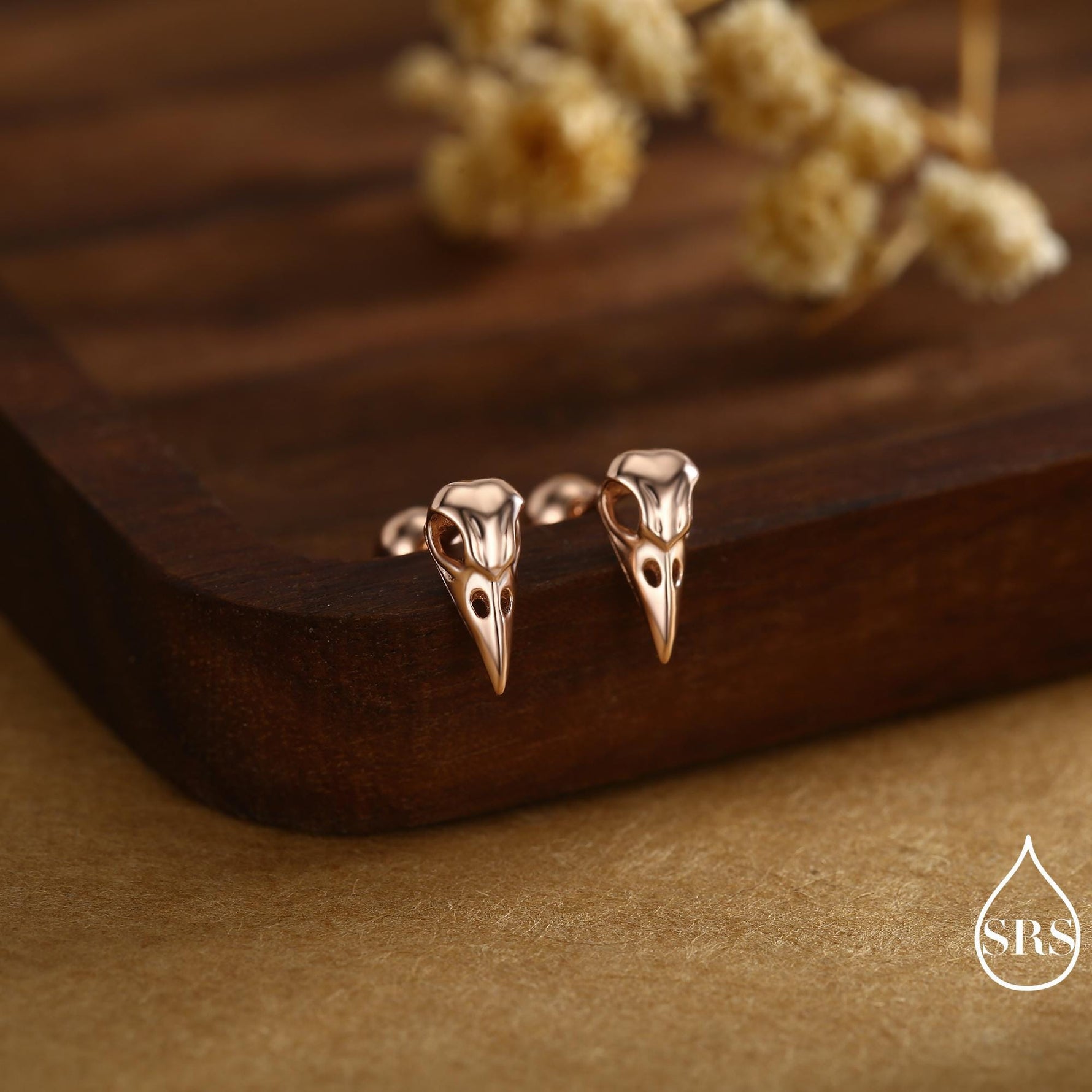 Sterling Silver Bird Skull Screw Back / Flat Back / Stud Earrings, Silver, Gold or Rose Gold, Bird Skeleton Earrings in Sterling Silver