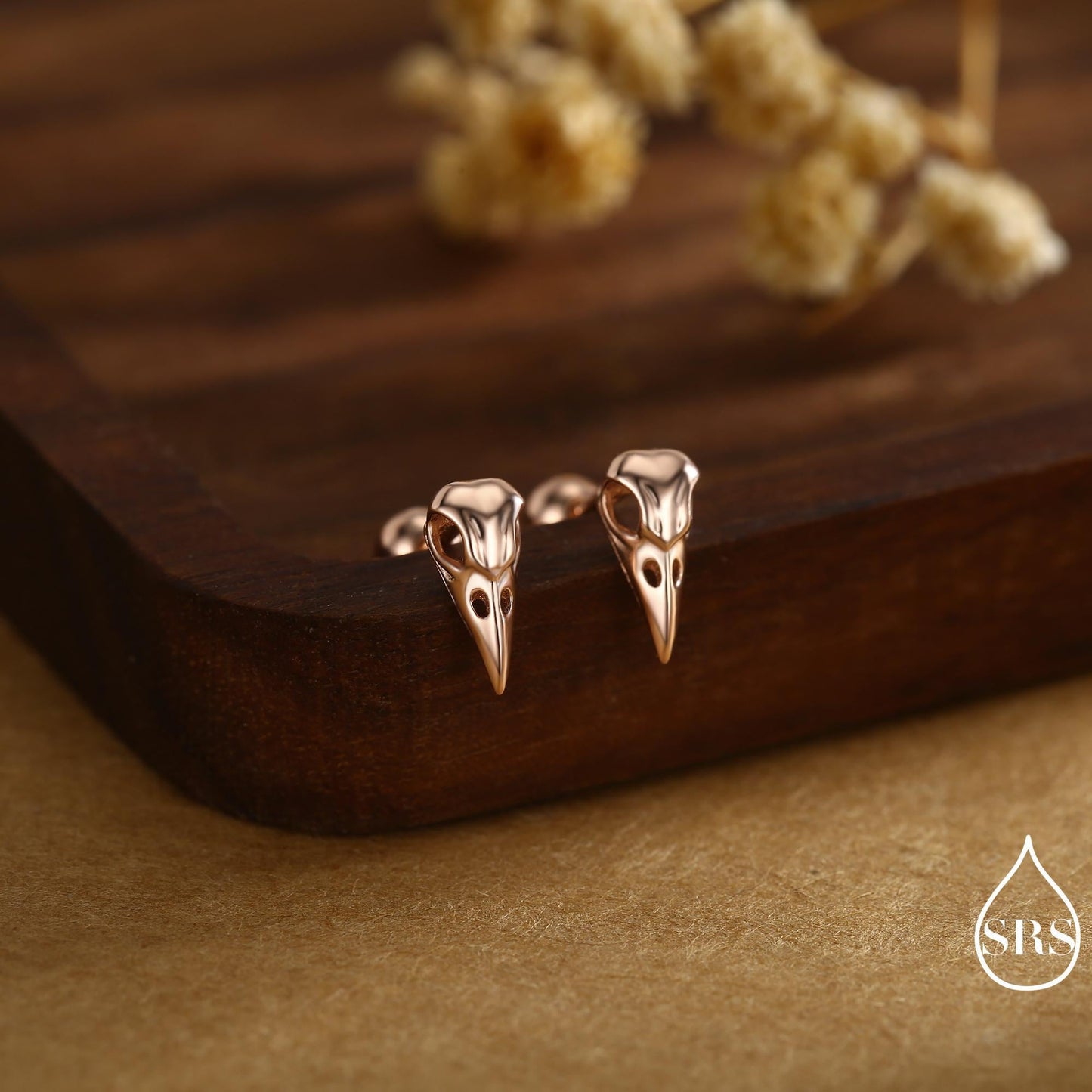 Sterling Silver Bird Skull Screw Back / Stud Earrings, Silver, Gold or Rose Gold, Bird Skeleton Earrings in Sterling Silver