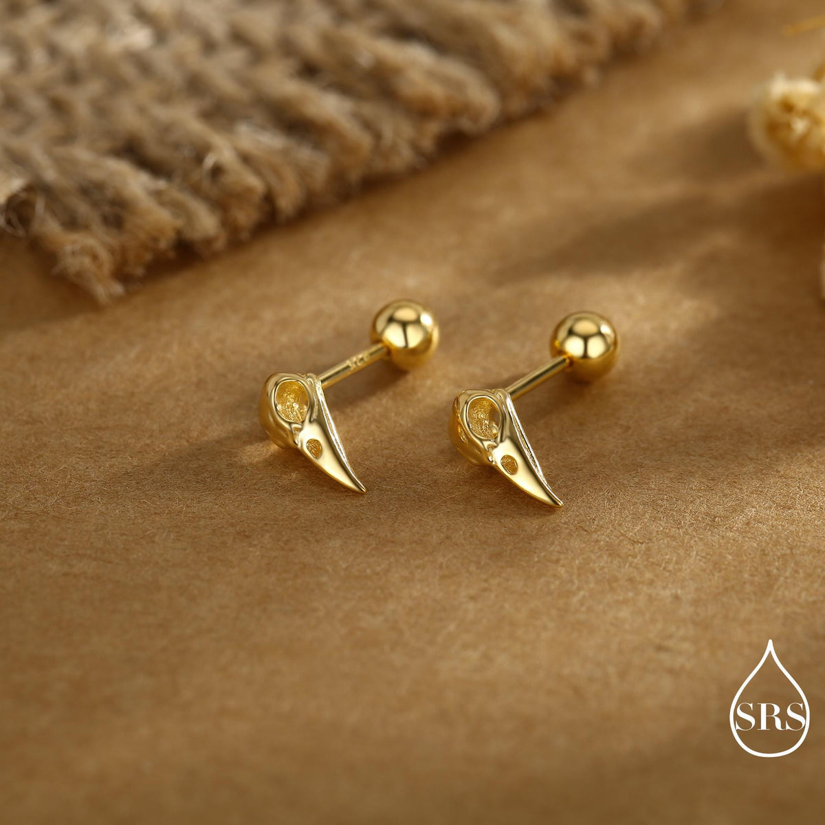 Sterling Silver Bird Skull Screw Back / Flat Back / Stud Earrings, Silver, Gold or Rose Gold, Bird Skeleton Earrings in Sterling Silver