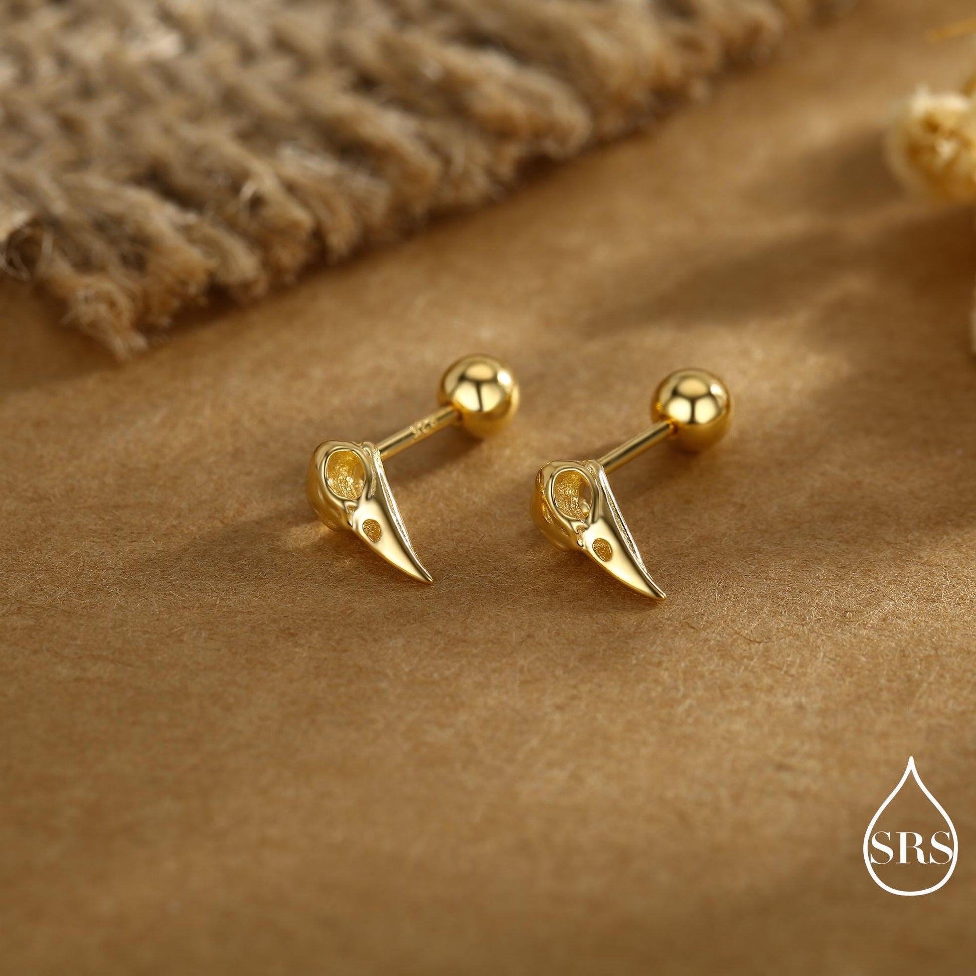 Sterling Silver Bird Skull Screw Bakc / Stud Earrings, Silver, Gold or Rose Gold, Bird Skeleton Earrings in Sterling Silver