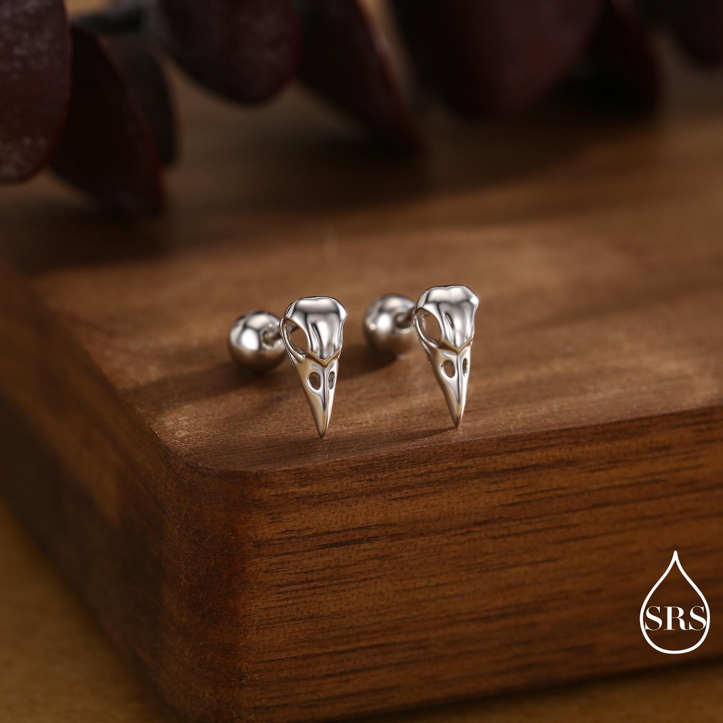 Sterling Silver Bird Skull Screw Back / Stud Earrings, Silver, Gold or Rose Gold, Bird Skeleton Earrings in Sterling Silver
