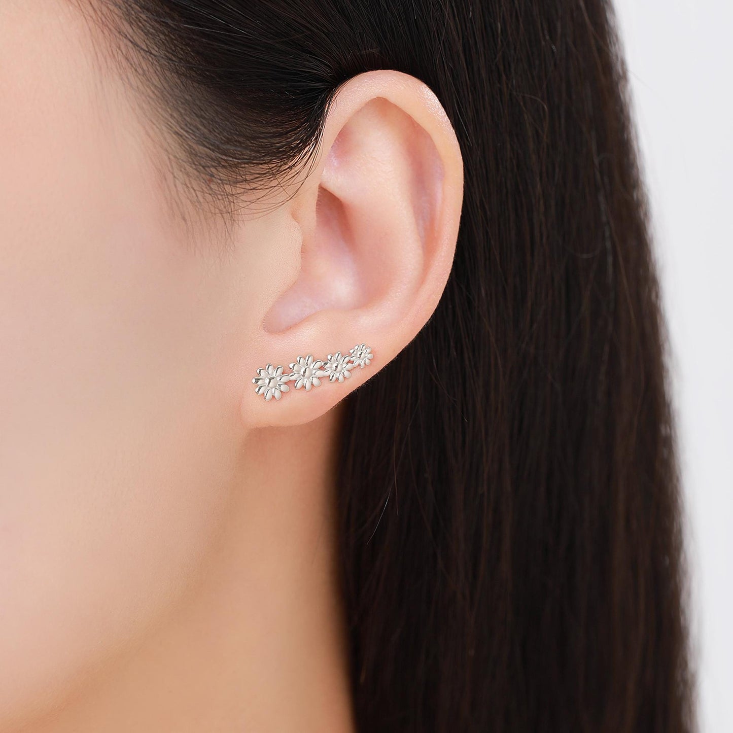 Daisy Flower Crawler Earrings in Sterling Silver, Daisy Chain, Flower Earrings, Ear Climbers, Daisy Earrings