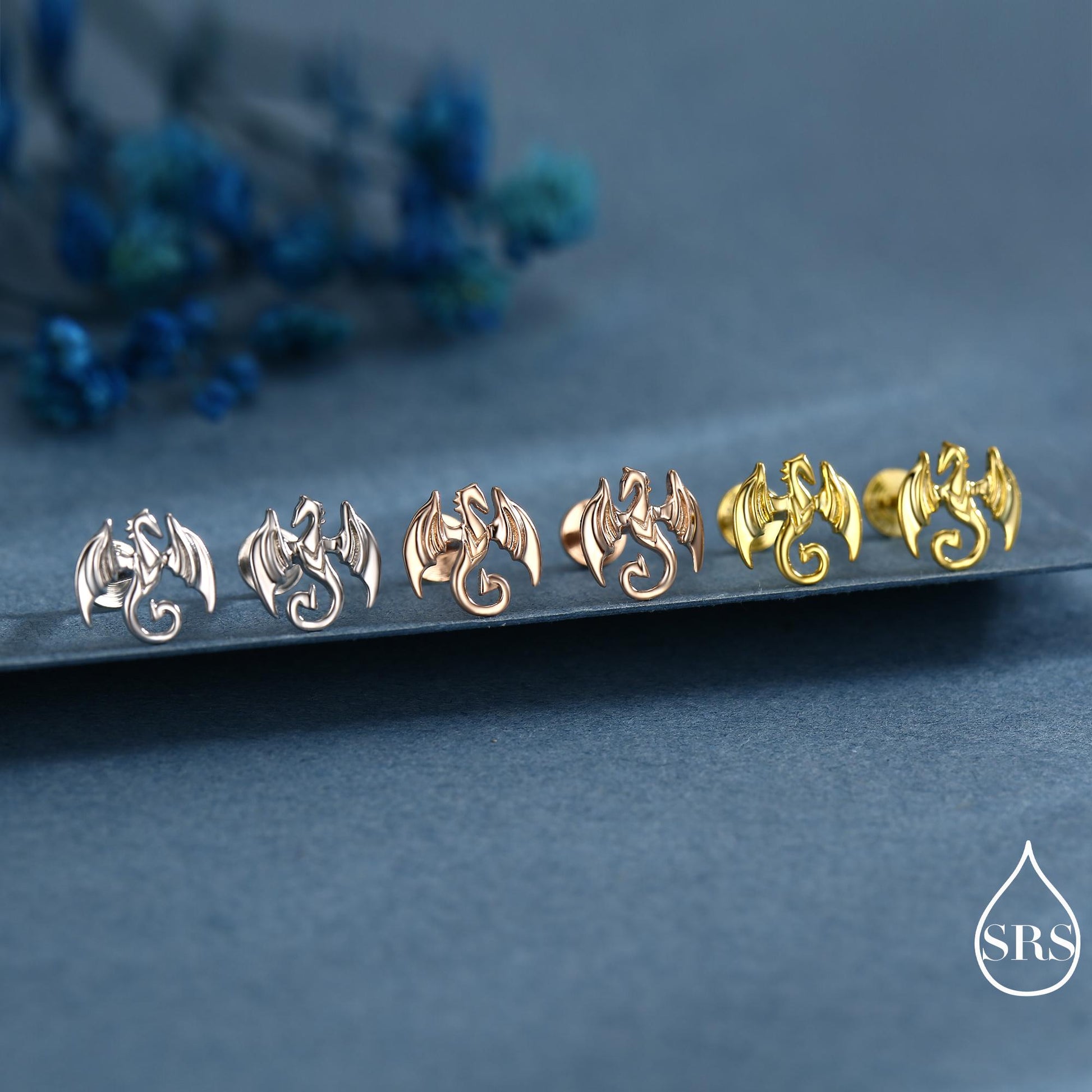 Dragon Internally Threaded Flat Back / Screw Back / Stud Earrings in Sterling Silver, Silver or Gold or Rose Gold Finish