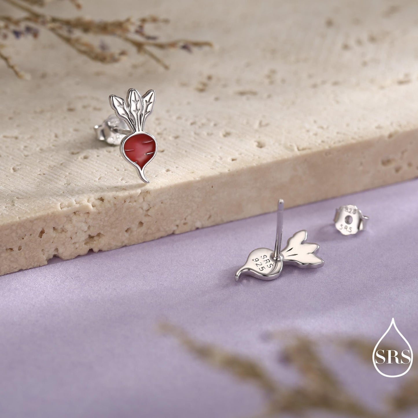Sterling Silver Beetroot /Radish Stud Earrings – Enamel Vegetable Design, Minimalist Botanical Jewellery