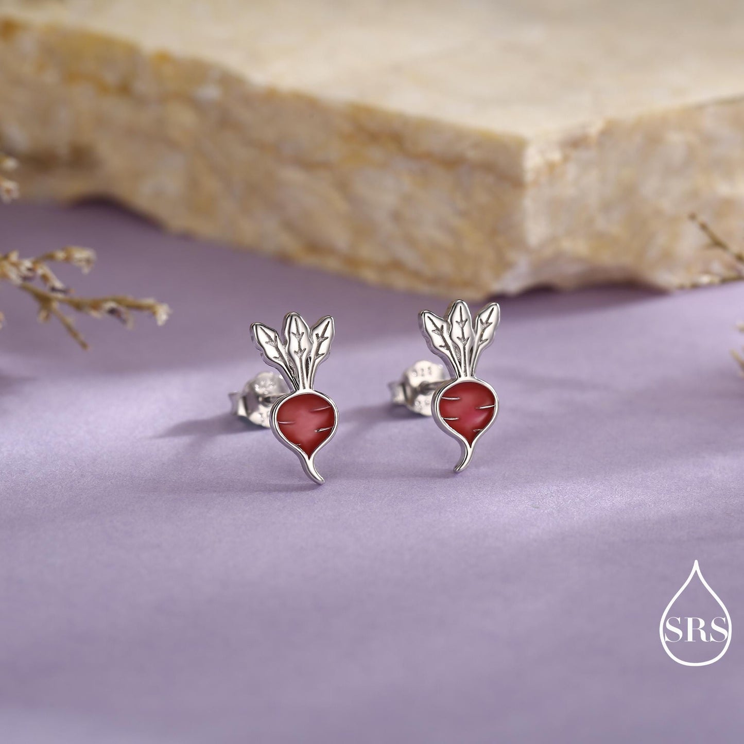 Sterling Silver Beetroot /Radish Stud Earrings – Enamel Vegetable Design, Minimalist Botanical Jewellery