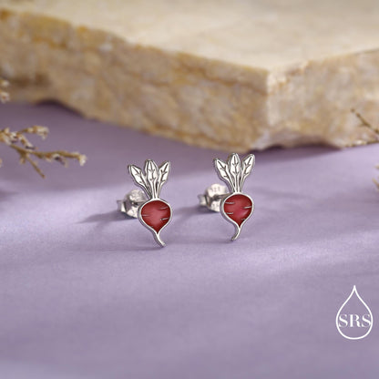 Sterling Silver Beetroot /Radish Stud Earrings – Enamel Vegetable Design, Minimalist Botanical Jewellery