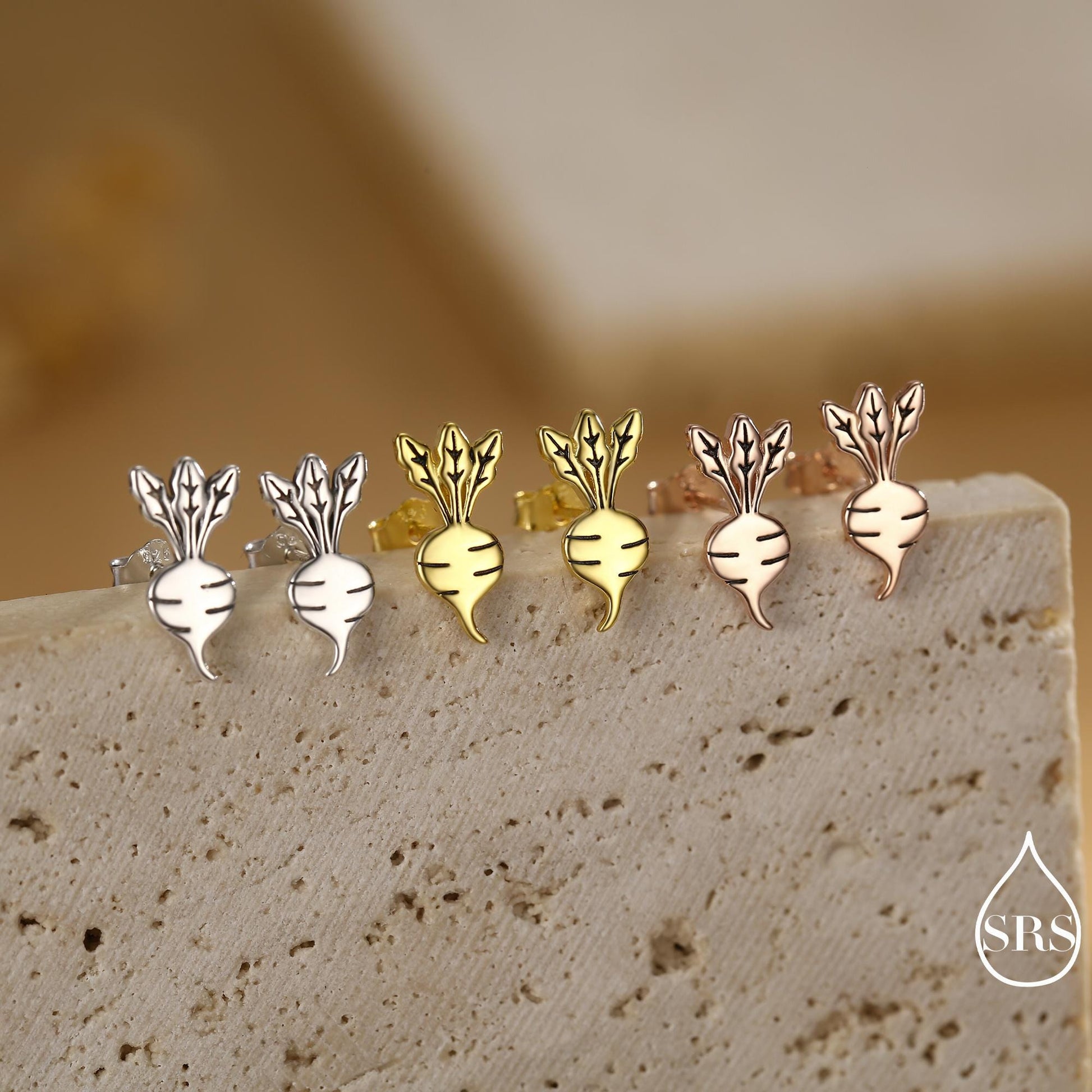 Sterling Silver Beetroot /Radish Stud Earrings – Silver or Gold or Rose Gold Finish - Vegetable Design, Minimalist Botanical Jewellery