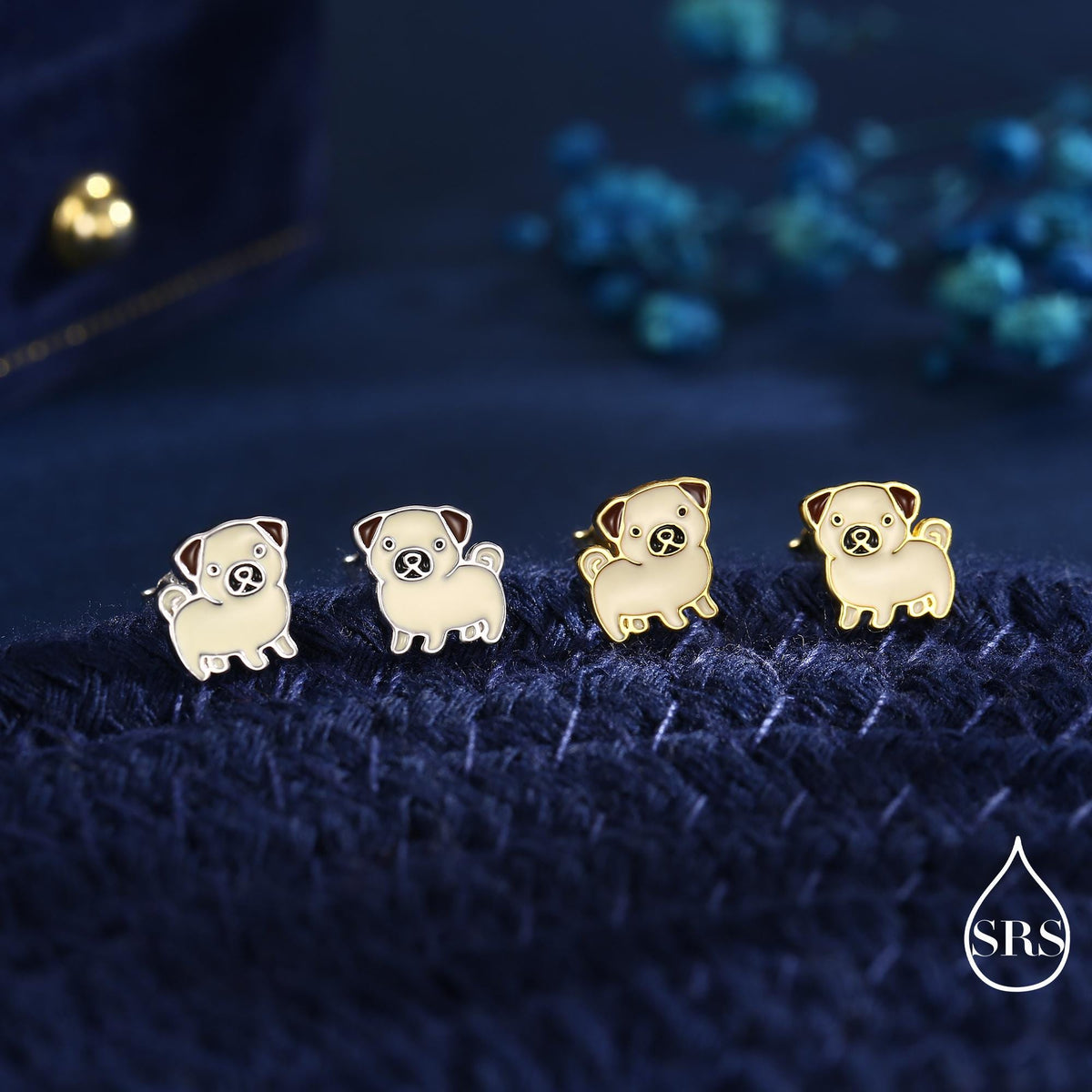Sterling Silver Pug Stud Earrings – Cute Dog Jewellery - Enamel Puppy Earrings - Silver or Gold or Rose Gold Finish