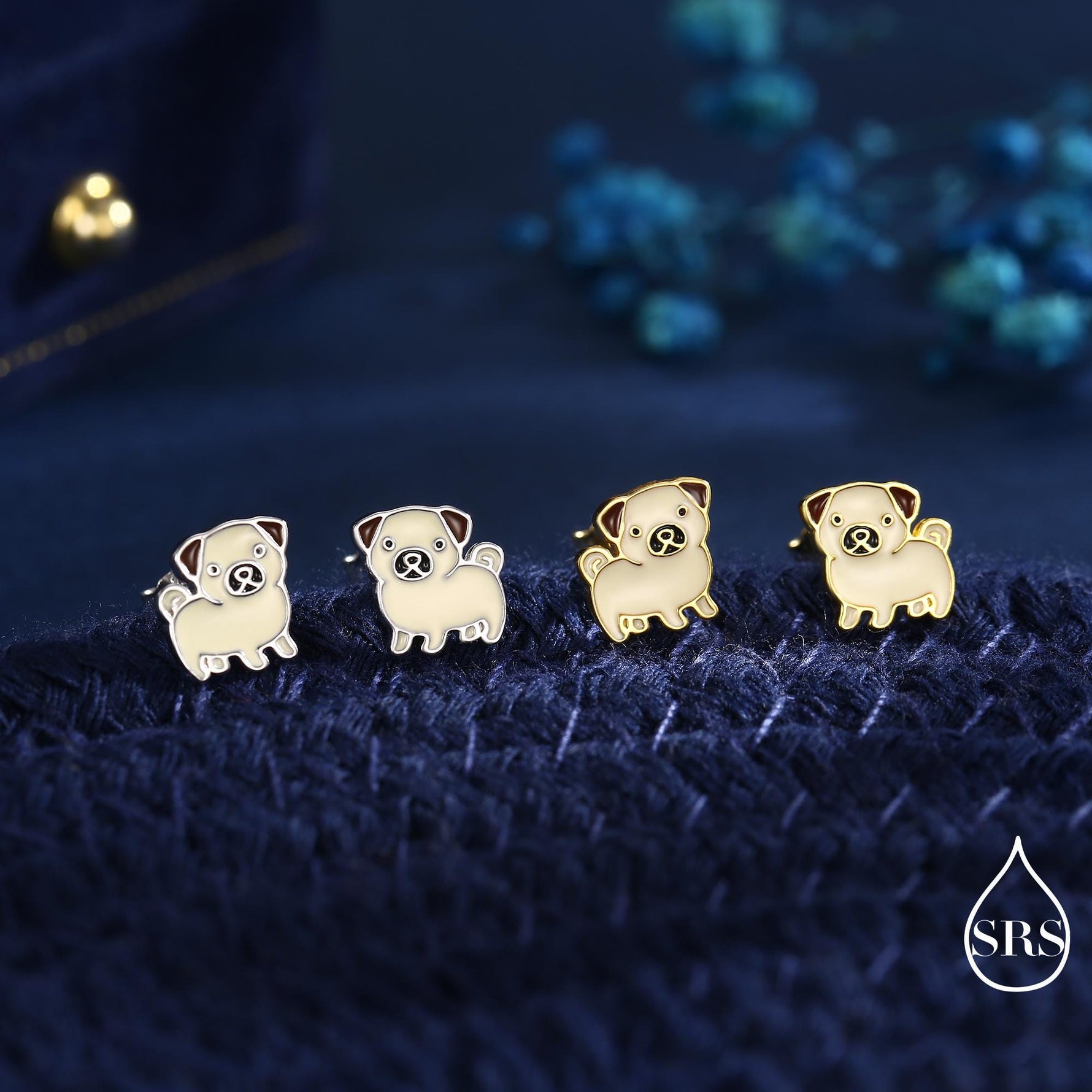Sterling Silver Pug Stud Earrings – Cute Dog Jewellery - Enamel Puppy Earrings - Silver or Gold or Rose Gold Finish