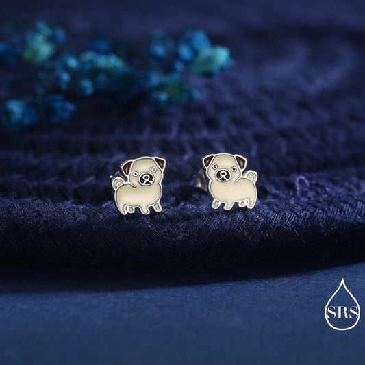 Sterling Silver Pug Stud Earrings – Cute Dog Jewellery - Enamel Puppy Earrings - Silver or Gold or Rose Gold Finish