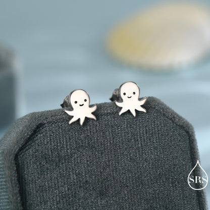 Sterling Silver Octopus Stud Earrings – Cute Sea Creature Jewellery, Minimal Ocean Gift – Silver, Gold or Rose Gold Finish