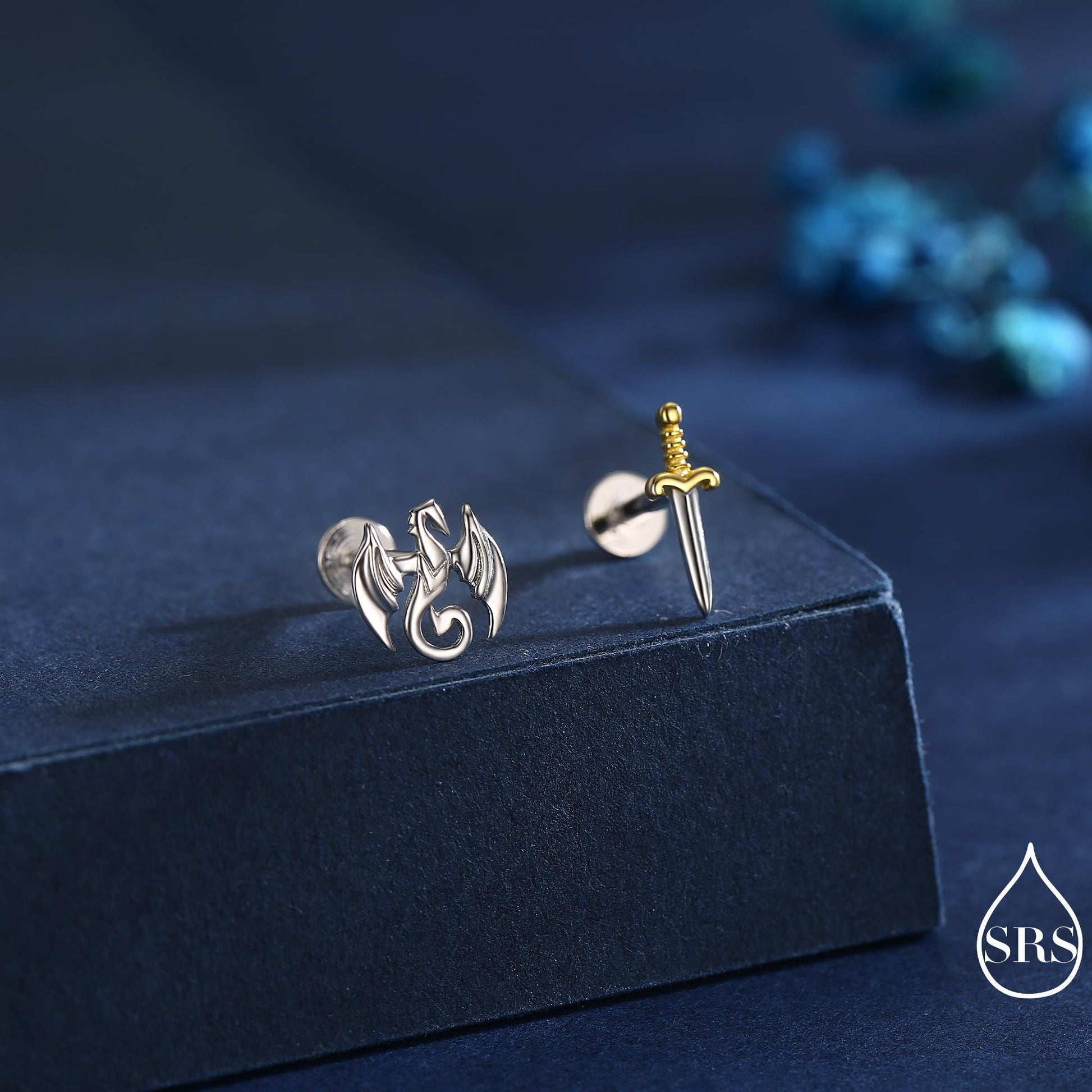Mismatched Dragon and Sword Screw Back / Stud Earrings in Sterling Silver, Asymmetric Dragon Earrings