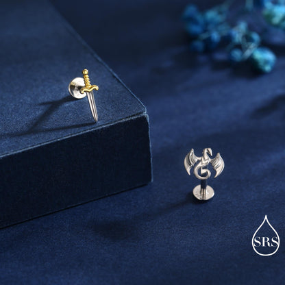 Mismatched Dragon and Sword Internally Threaded Flat Back / Screw Back /Stud Earrings in Sterling Silver, Asymmetric Dragon Earrings