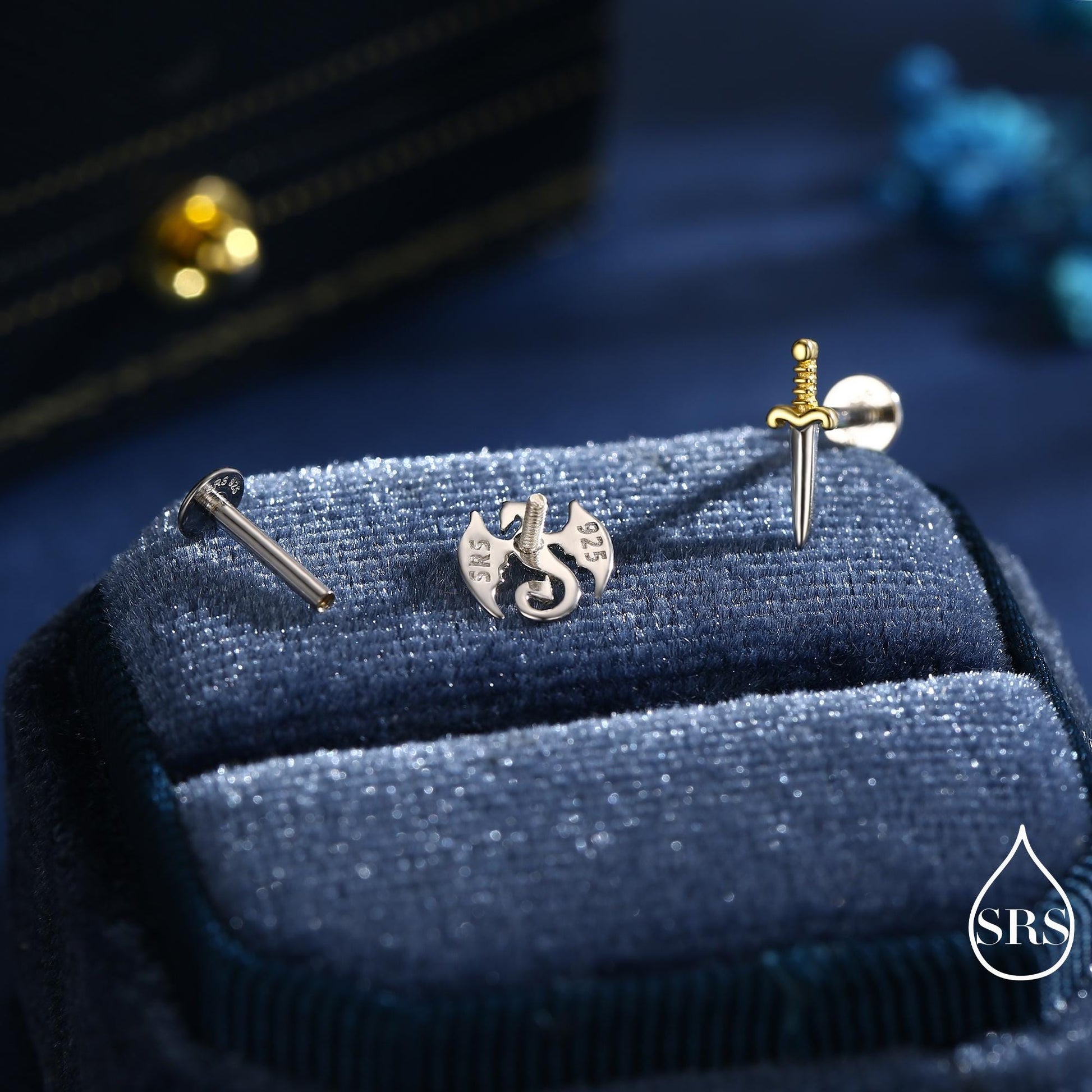 Mismatched Dragon and Sword Internally Threaded Flat Back / Screw Back /Stud Earrings in Sterling Silver, Asymmetric Dragon Earrings