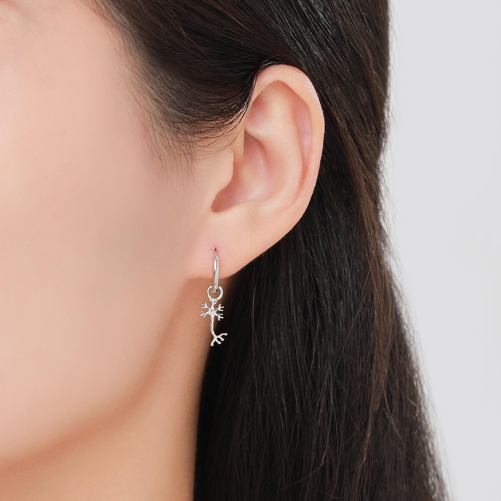 Mismatched Neuron Cell Huggie Hoops Earrings in Sterling Silver, Silver, Gold or Rose Gold Finish, Neurone Cell Nerve Earrings, Detachable