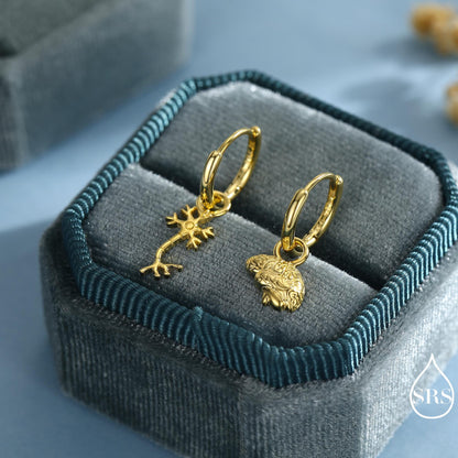 Mismatched Neuron Cell Huggie Hoops Earrings in Sterling Silver, Silver, Gold or Rose Gold Finish, Neurone Cell Nerve Earrings, Detachable