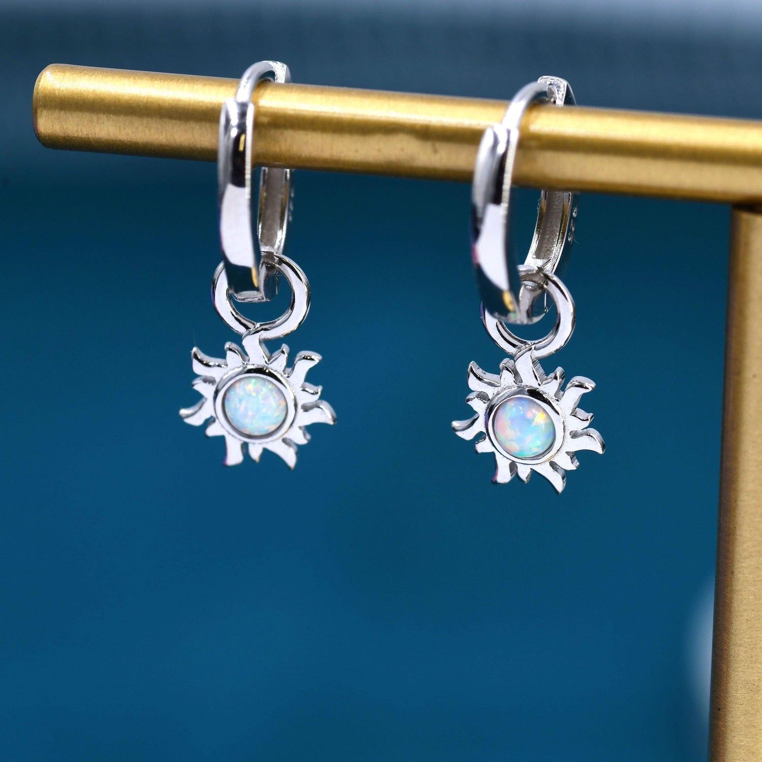White Opal Sun Dangle Huggie Hoop Earrings in Sterling Silver, Silver or Gold, Sun Earrings, Celestial Earrings, Detachable Fire Opal Sun