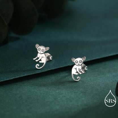 Sterling Silver Bush Baby Earrings | Minimalist Animal Studs | Jungle Galago Earrings | Silver, Gold or Rose Gold Finish