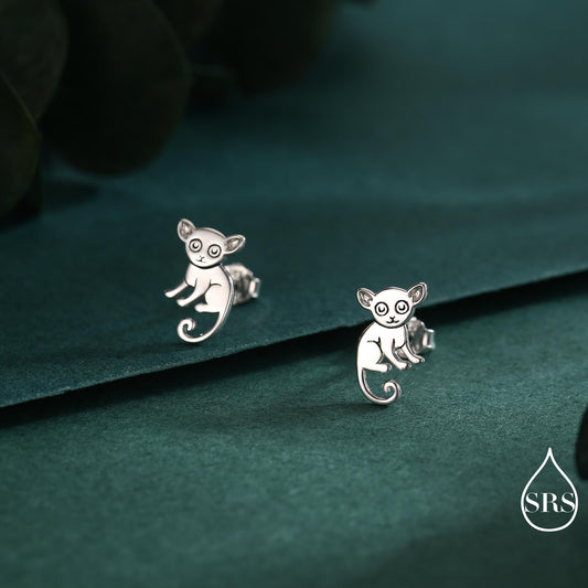 Sterling Silver Bush Baby Earrings | Minimalist Animal Studs | Jungle Galago Earrings | Silver, Gold or Rose Gold Finish