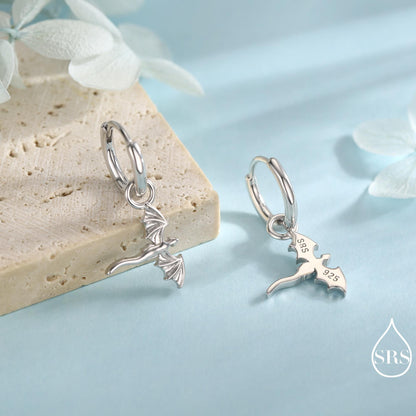 Tiny Flying Dragon Huggie Hoop in Sterling Silver, Silver, Gold or Rose Gold, Dagon Dangle Hoop Earrings, Detachable and Interchangeable