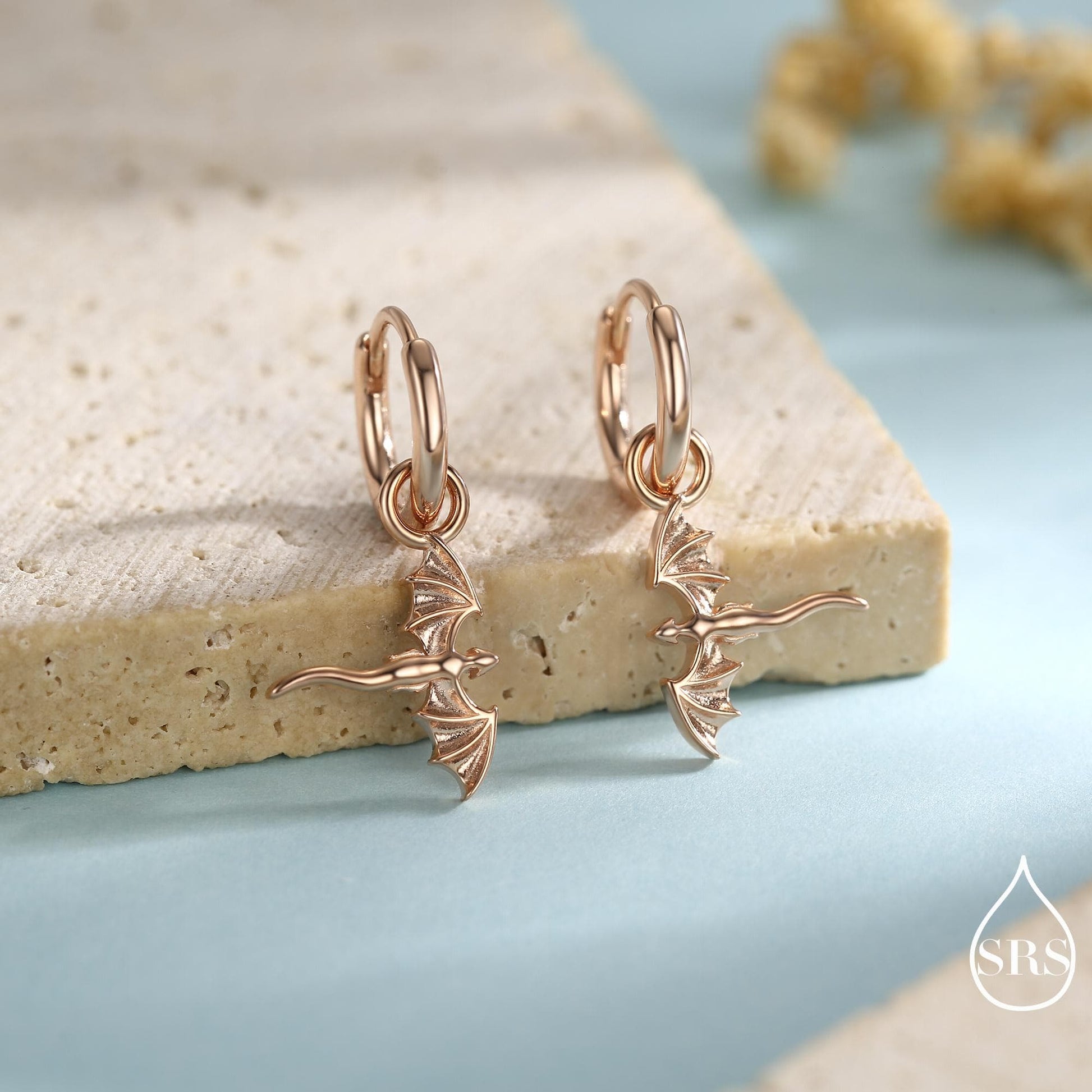 Tiny Flying Dragon Huggie Hoop in Sterling Silver, Silver, Gold or Rose Gold, Dagon Dangle Hoop Earrings, Detachable and Interchangeable