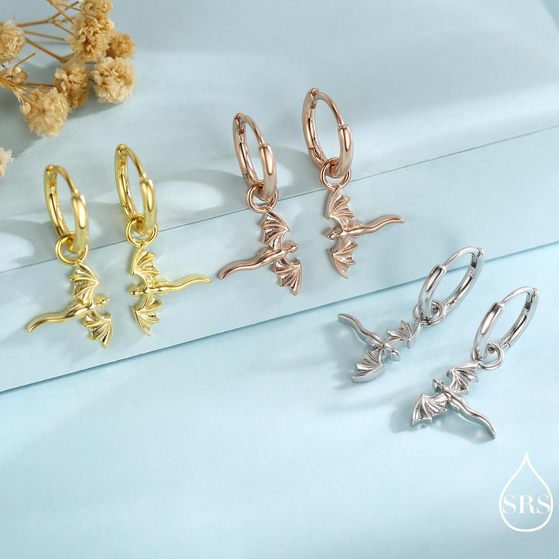 Tiny Flying Dragon Huggie Hoop in Sterling Silver, Silver, Gold or Rose Gold, Dagon Dangle Hoop Earrings, Detachable and Interchangeable