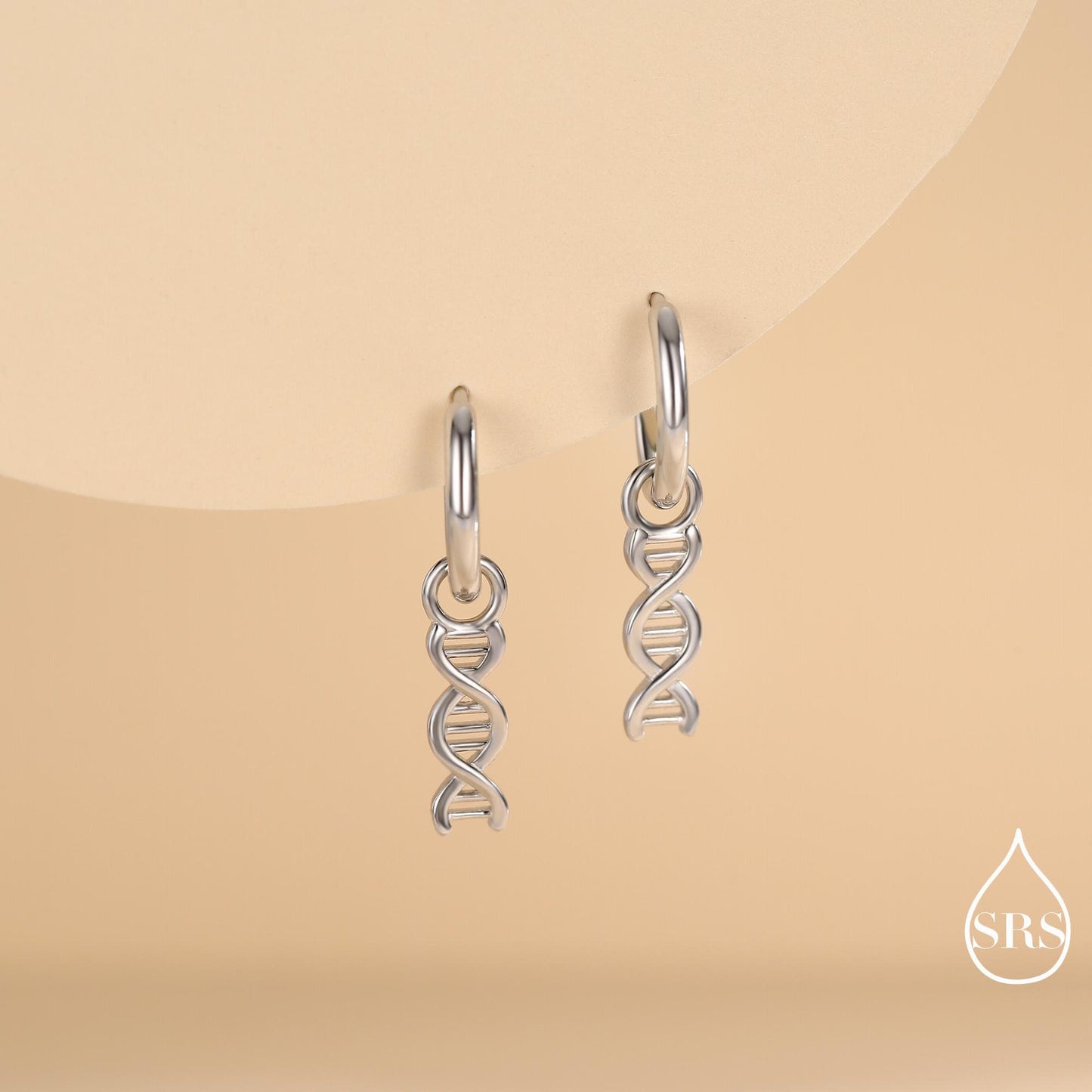 DNA Molecule Huggie Hoop in Sterling Silver, Silver, Gold or Rose Gold Finish, Science Dangle Hoop Earrings, Detachable and Interchangeable