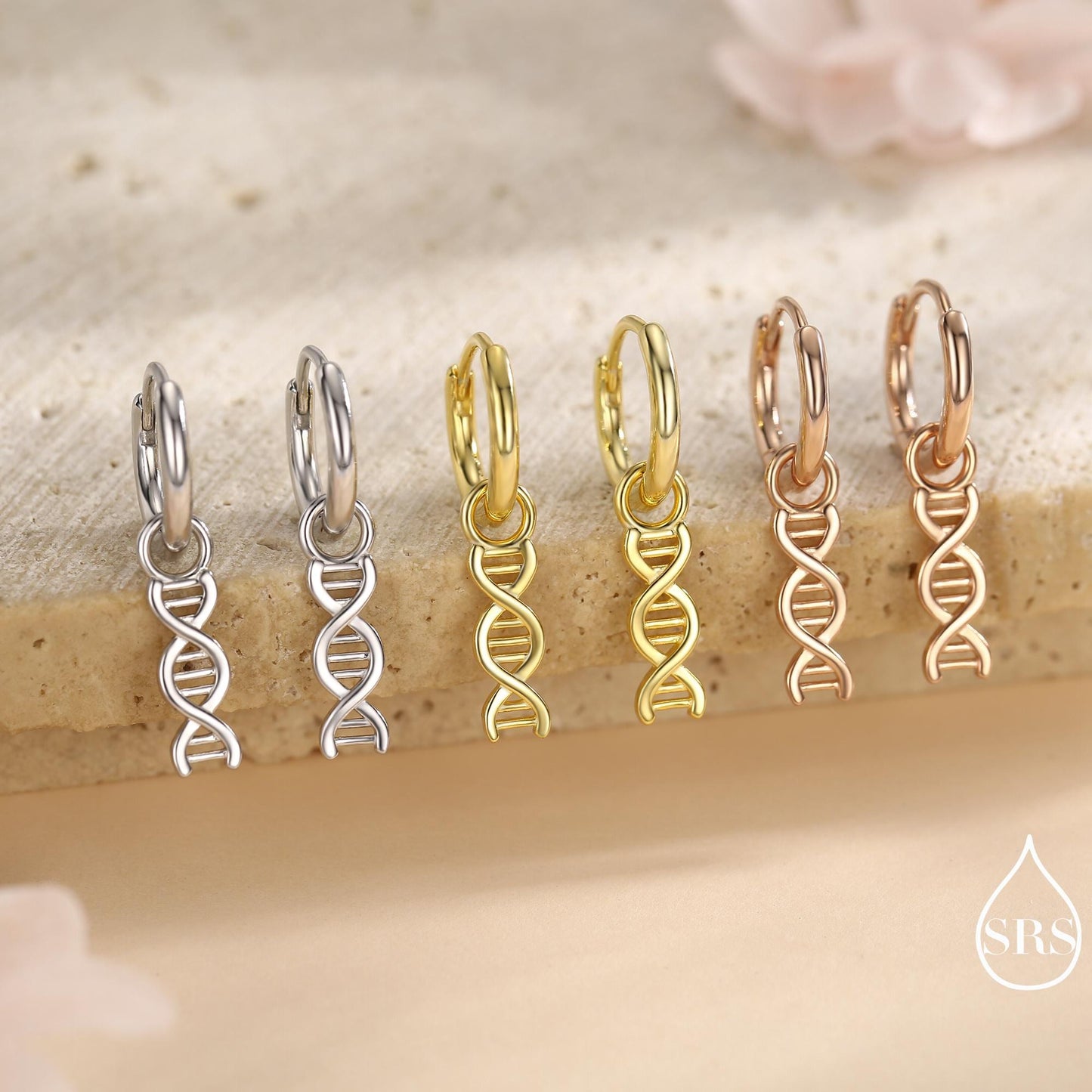 DNA Molecule Huggie Hoop in Sterling Silver, Silver, Gold or Rose Gold Finish, Science Dangle Hoop Earrings, Detachable and Interchangeable