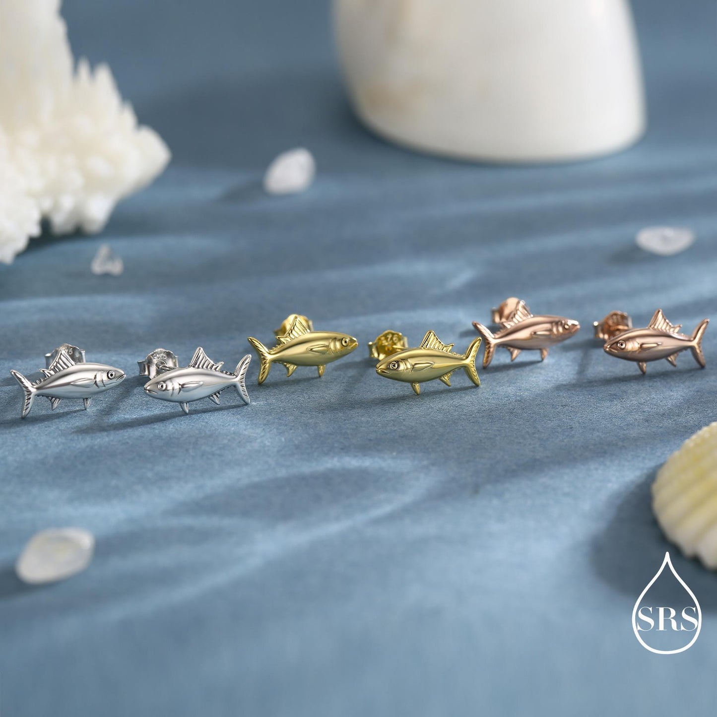 Tuna Fish Stud Earrings in Sterling Silver, Silver, Gold or Rose Gold Finish, Cute Tuna Earrings, Ocean Inspired Animal Jewellery