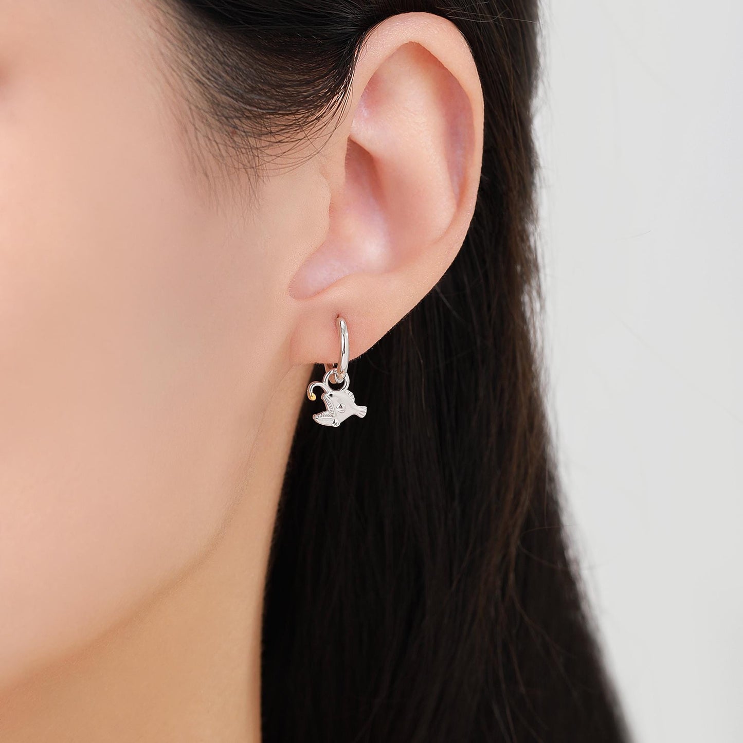 Sterling Silver Anglerfish Hoop Earrings – Polished Finish with Gold Accents, Angler Fish Earrings, Lantern Fish Hoops, Detachable Charms