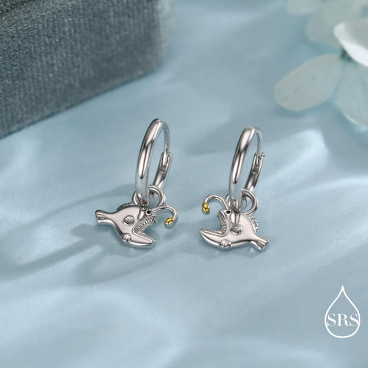 Sterling Silver Anglerfish Hoop Earrings – Polished Finish with Gold Accents, Angler Fish Earrings, Lantern Fish Hoops, Detachable Charms