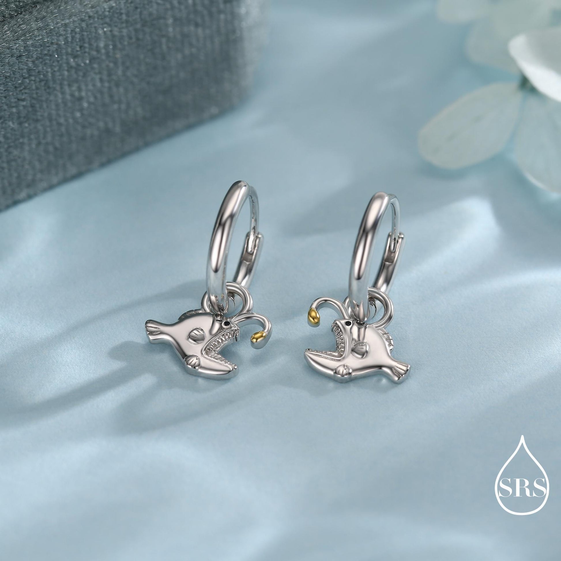 Sterling Silver Anglerfish Hoop Earrings – Polished Finish with Gold Accents, Angler Fish Earrings, Lantern Fish Hoops, Detachable Charms