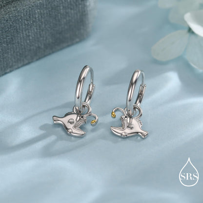 Sterling Silver Anglerfish Hoop Earrings – Polished Finish with Gold Accents, Angler Fish Earrings, Lantern Fish Hoops, Detachable Charms