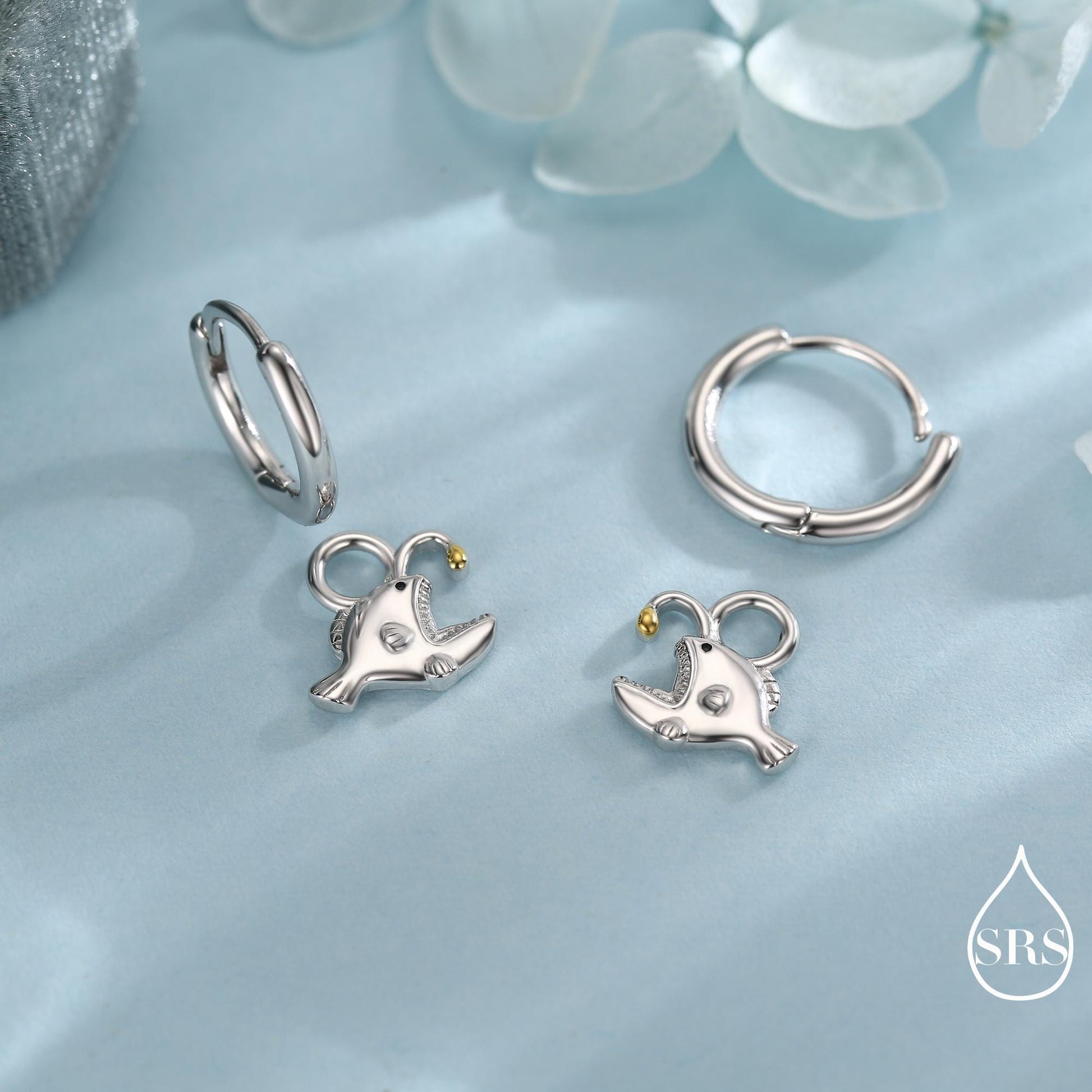 Sterling Silver Anglerfish Hoop Earrings – Polished Finish with Gold Accents, Angler Fish Earrings, Lantern Fish Hoops, Detachable Charms
